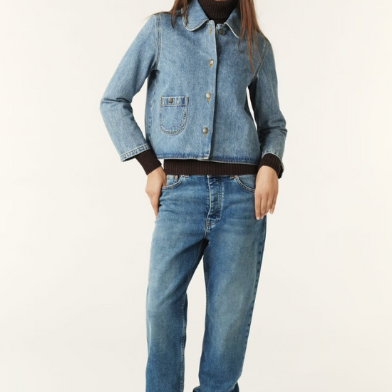 denim blue jacket with sweetheart collar and patch pocket model shot 