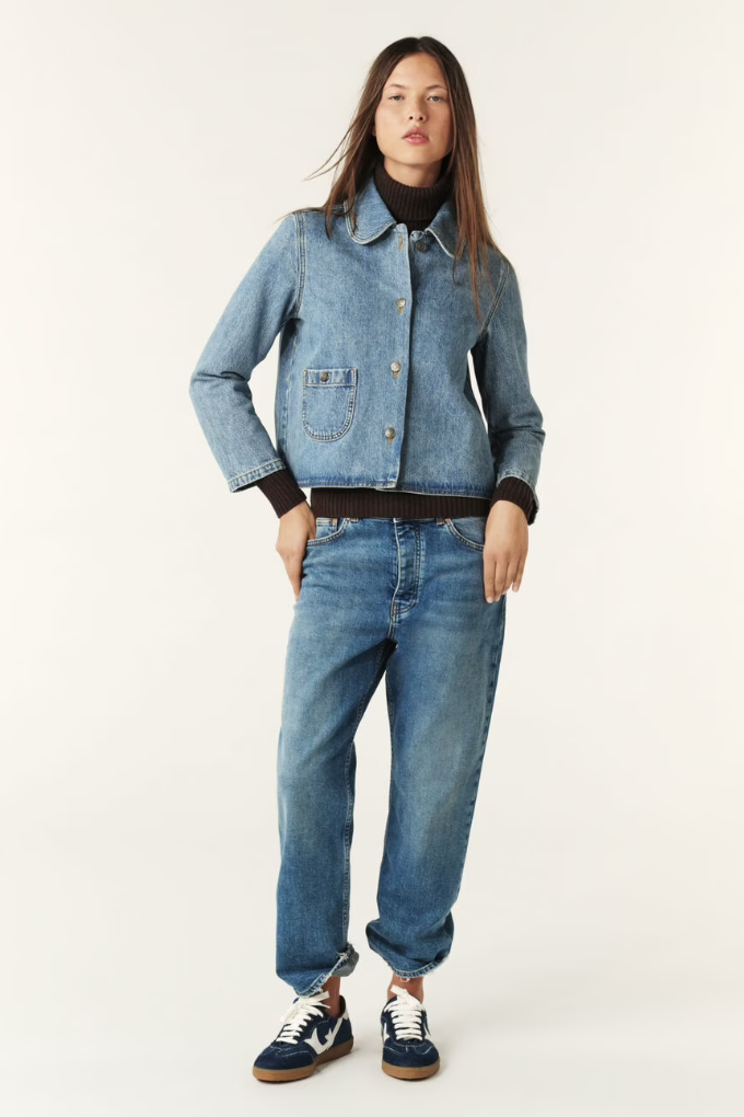 denim blue jacket with sweetheart collar and patch pocket model shot 