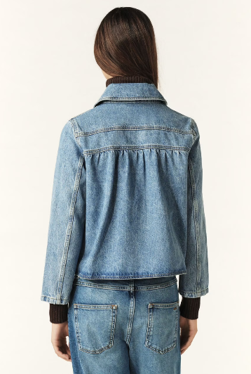 denim blue jacket with sweetheart collar and patch pocket rear view 