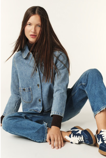 denim blue jacket with sweetheart collar and patch pocket model shot 