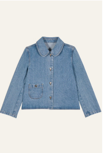 denim blue jacket with sweetheart collar and patch pocket