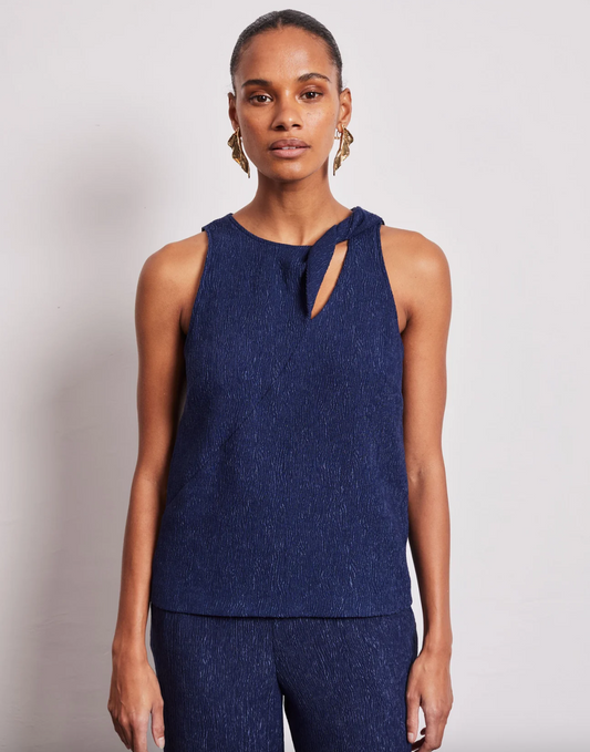 Navy blue crinkle sleeveless top with twist detail