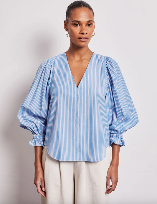 Blue and white stripe V neck blouse with puff sleeve