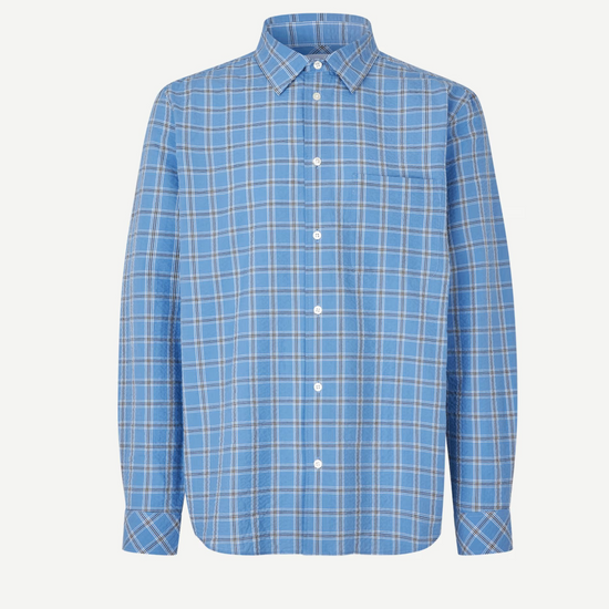 long sleeve shirt with blue check print and cheese cloth like fabric