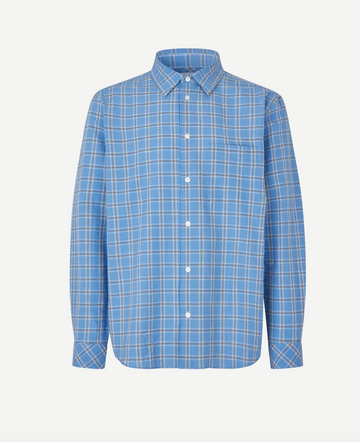 long sleeve shirt with blue check print and cheese cloth like fabric