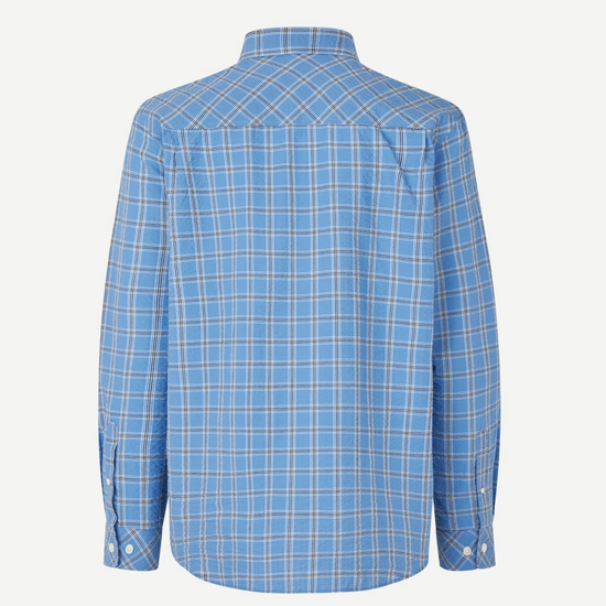 long sleeve shirt with blue check print and cheese cloth like fabric rear view