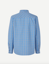 long sleeve shirt with blue check print and cheese cloth like fabric rear view