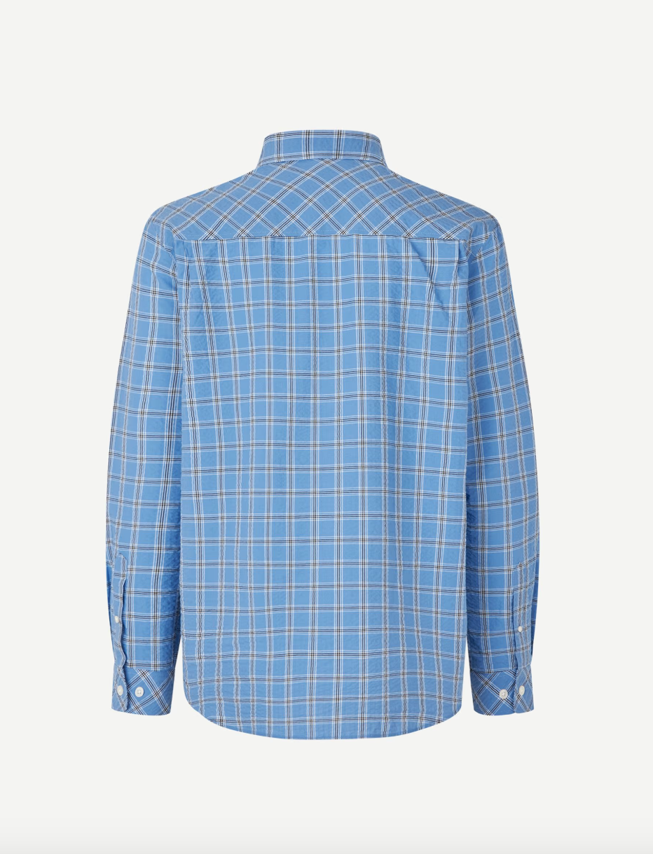 long sleeve shirt with blue check print and cheese cloth like fabric rear view