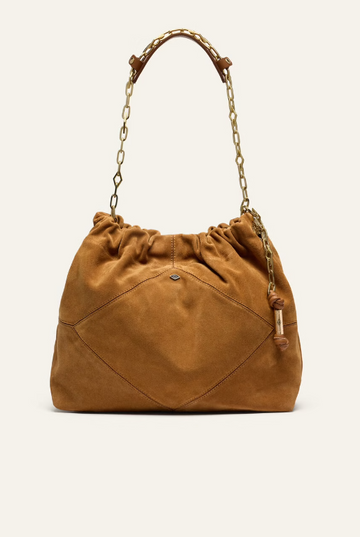 tan suede bag with scrunched top and gold chain strap