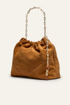 tan suede bag with scrunched top and gold chain strap side view 
