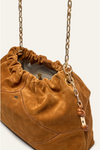 tan suede bag with scrunched top and gold chain strap inside view 