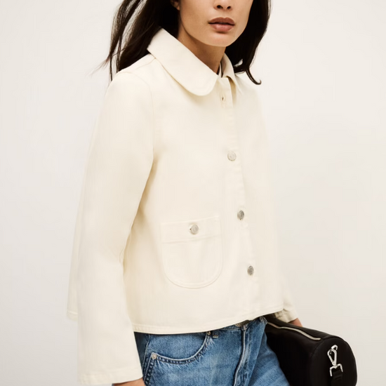 ecru cotton jacket with peter pan collar, 1 patch pocket and silver buttons side view 