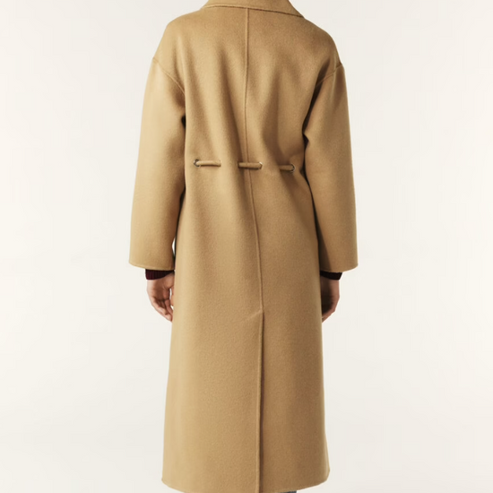 camel wool coat with concealed placket, tie belt which loops through the coat and side pockets  rear view 
