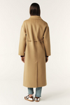 camel wool coat with concealed placket, tie belt which loops through the coat and side pockets  rear view 