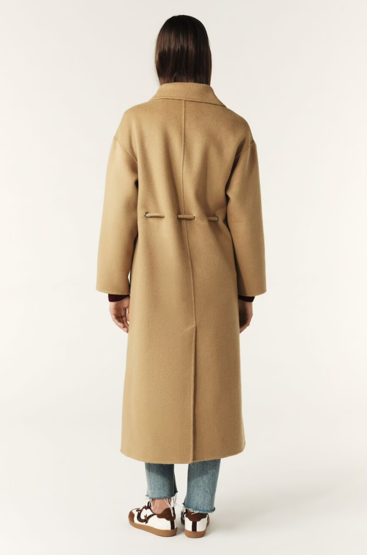 camel wool coat with concealed placket, tie belt which loops through the coat and side pockets  rear view 