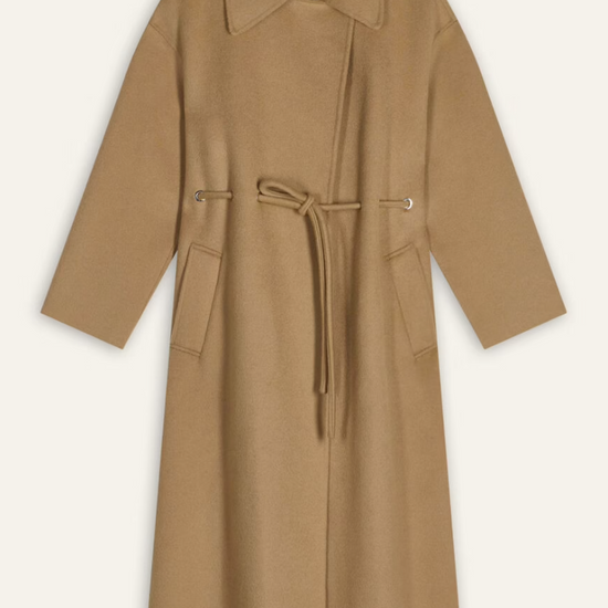 camel wool coat with concealed placket, tie belt which loops through the coat and side pockets 