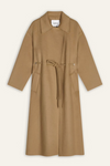 camel wool coat with concealed placket, tie belt which loops through the coat and side pockets 