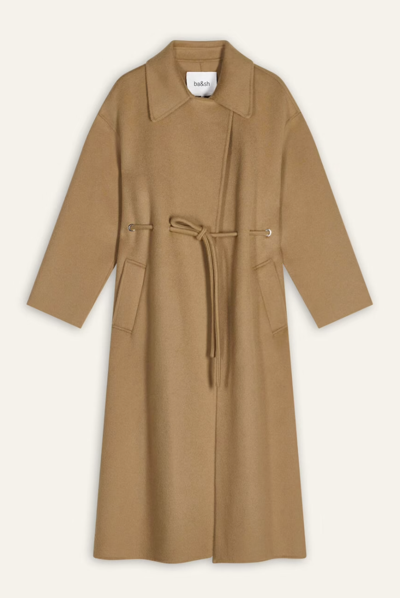 camel wool coat with concealed placket, tie belt which loops through the coat and side pockets 