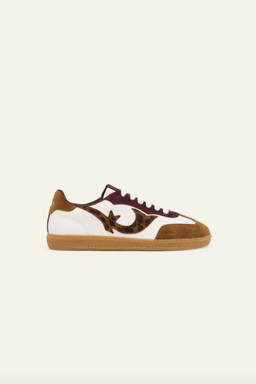 white leather trainers with brown suede to, back and animal print design on the side 