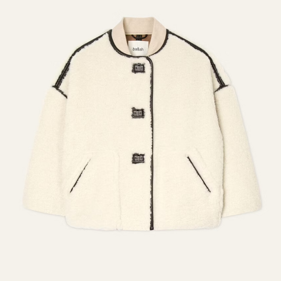 ecru faux fur shearling short jacket with brown leather piping, side pockets