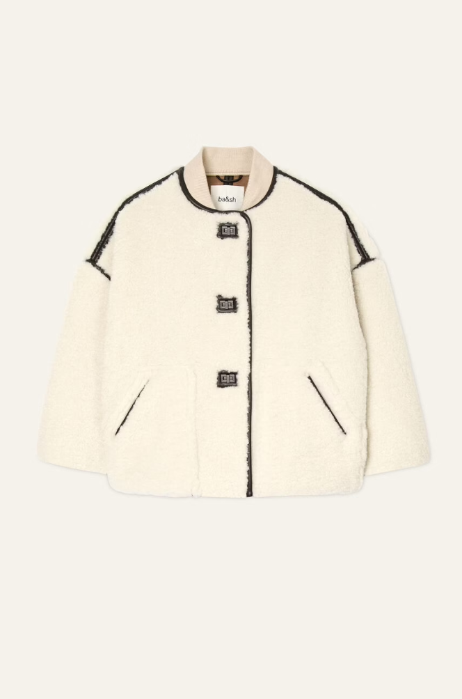 ecru faux fur shearling short jacket with brown leather piping, side pockets