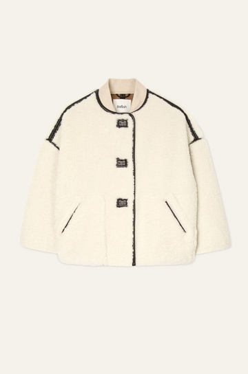 ecru faux fur shearling short jacket with brown leather piping, side pockets