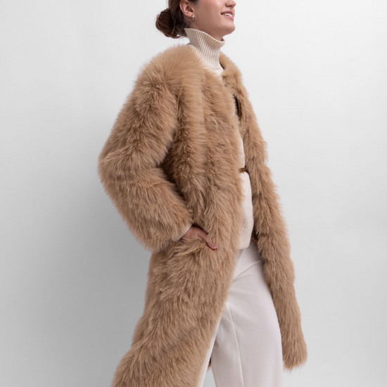 reversible beige faux fur round neck mid coat  model shot