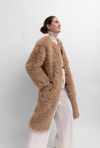 reversible beige faux fur round neck mid coat  model shot