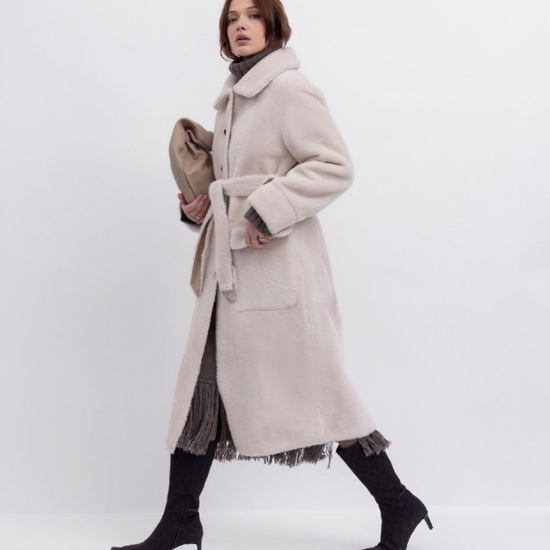 light beige faux fur mid coat with tie belt, button down and reversible model shot