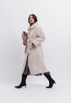 light beige faux fur mid coat with tie belt, button down and reversible model shot