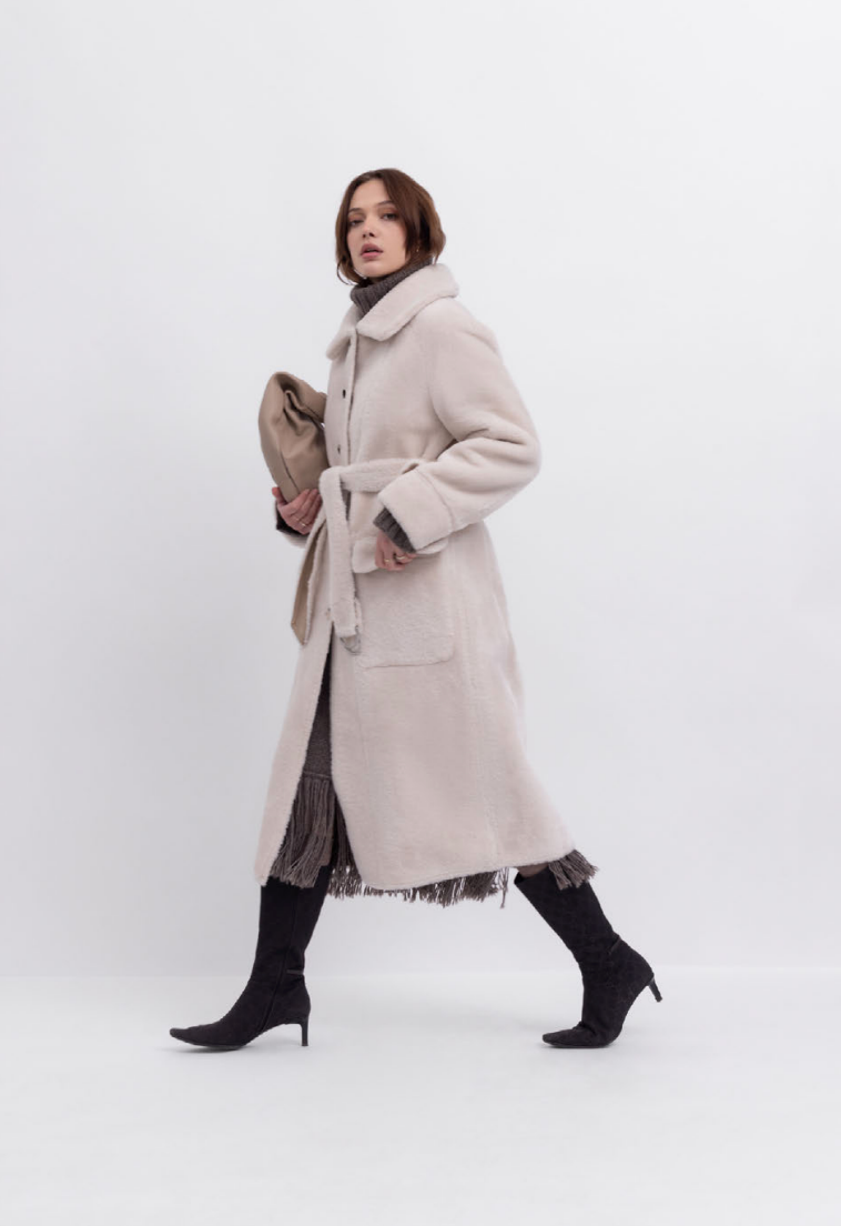 light beige faux fur mid coat with tie belt, button down and reversible model shot