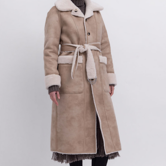light beige faux fur mid coat with tie belt, button down and reversible model shot