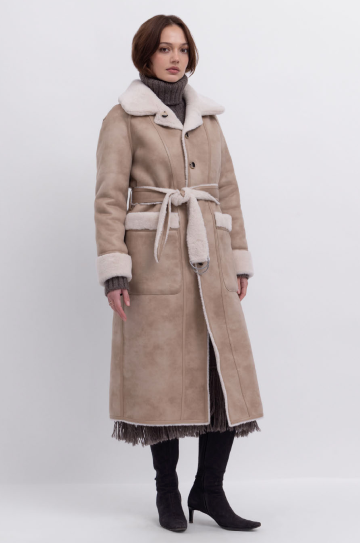 light beige faux fur mid coat with tie belt, button down and reversible model shot