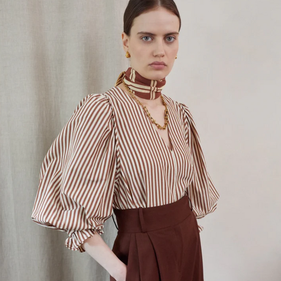 v neck cotton brown stripe top with long blouson sleeves model shot