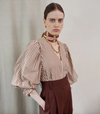 v neck cotton brown stripe top with long blouson sleeves model shot