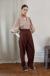 v neck cotton brown stripe top with long blouson sleeves model shot