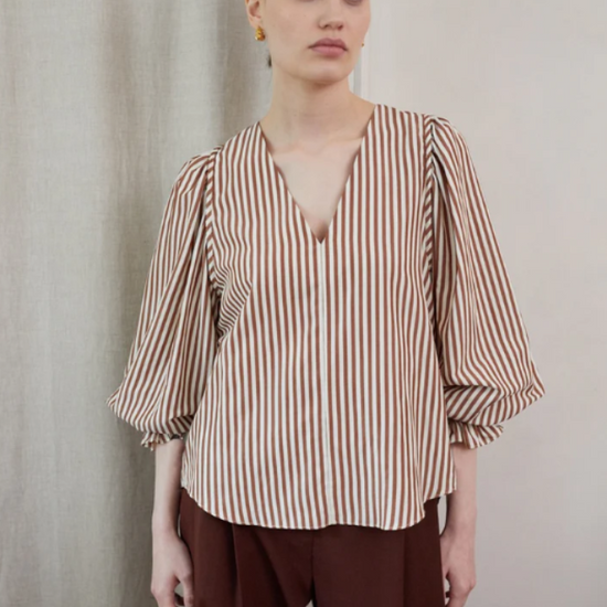 v neck cotton brown stripe top with long blouson sleeves model shot