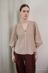 v neck cotton brown stripe top with long blouson sleeves model shot