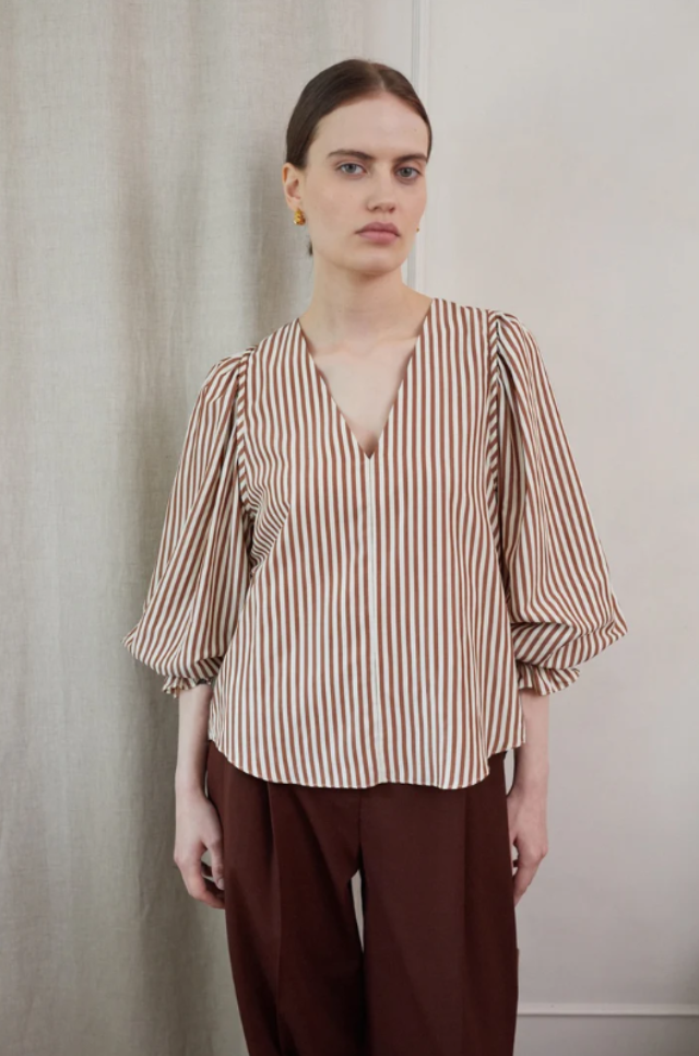 v neck cotton brown stripe top with long blouson sleeves model shot