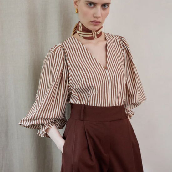 v neck cotton brown stripe top with long blouson sleeves