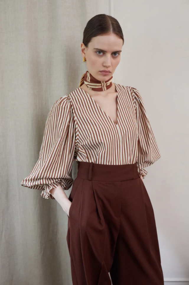 v neck cotton brown stripe top with long blouson sleeves