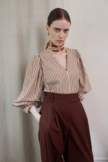 v neck cotton brown stripe top with long blouson sleeves