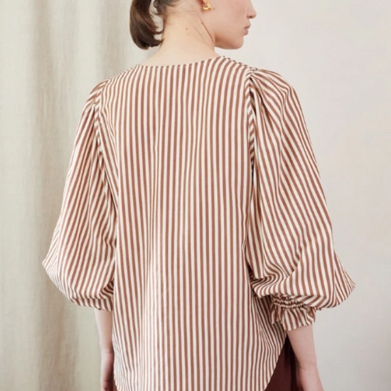 v neck cotton brown stripe top with long blouson sleeves rear view