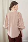 v neck cotton brown stripe top with long blouson sleeves rear view