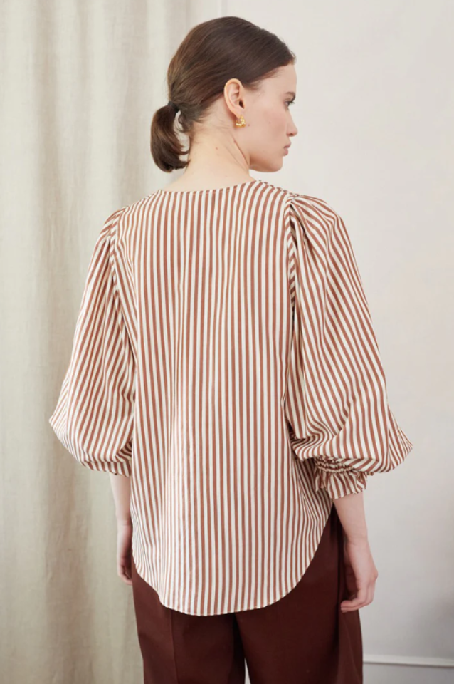 v neck cotton brown stripe top with long blouson sleeves rear view