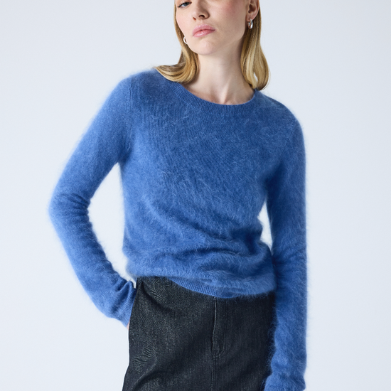 denim blue crew neck cashmere jumper with long sleeves and hairy textured feeling