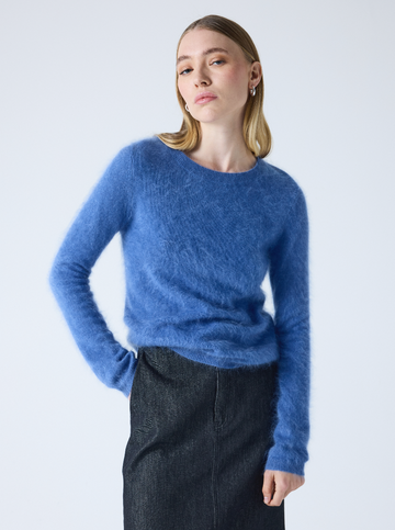 denim blue crew neck cashmere jumper with long sleeves and hairy textured feeling
