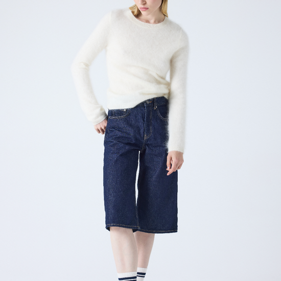 cream crew neck jumper with long sleeves and fluffy texture model shot