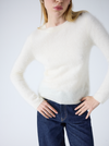 cream crew neck jumper with long sleeves and fluffy texture model shot
