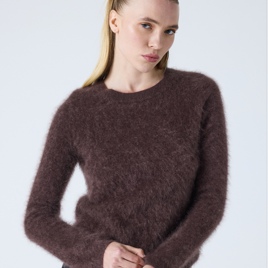 brown crew neck jumper with long sleeves and fluffy texture